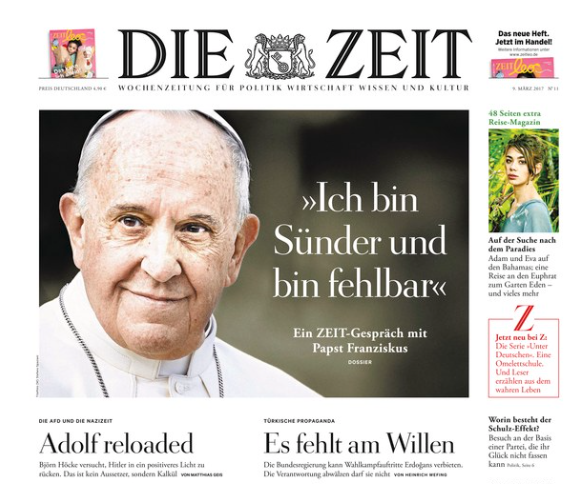 The headline of the March 9th cover of 'Die Zeit' reads: "I am a sinner and am fallible". The headline of the March 9th cover of 'Die Zeit' reads: "I am a sinner and am fallible".