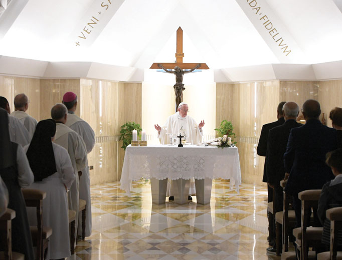 Pope Francis celebrates Mass at the Santa Marta Chapel at the Vatican Sept. 18. The Holy Father’s Sept. 9 apostolic letter gives bishops’ conferences the
authority to approve changes to liturgical practices. Pope Francis celebrates Mass at the Santa Marta Chapel at the Vatican Sept. 18. The Holy Father’s Sept. 9 apostolic letter gives bishops’ conferences the
authority to approve changes to liturgical practices.