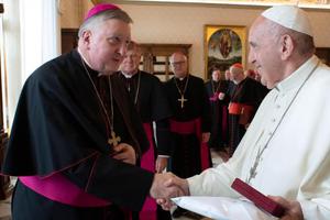 Bishop Mitchell Rozanski greets Pope Francis during an ad limina visit. Bishop Mitchell Rozanski greets Pope Francis during an ad limina visit.