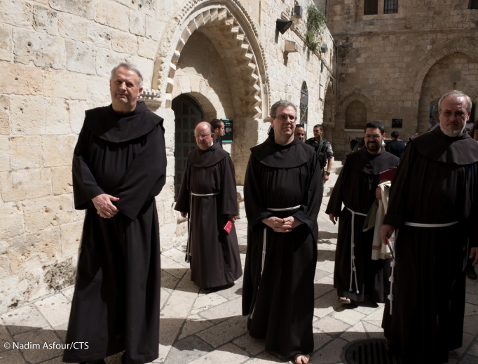 Franciscans visit the Cenacle (the Upper Room) in Jerusalem. Franciscans visit the Cenacle (the Upper Room) in Jerusalem.