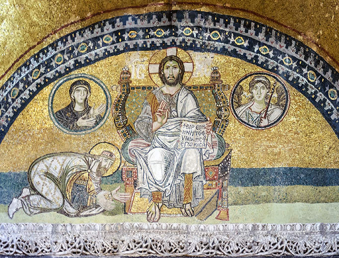 The Imperial Gate mosaic in Hagia Sophia of Constantinople. Emperor Leo VI the Wise is bowing down in worship before Christ Pantocrator. The Imperial Gate mosaic in Hagia Sophia of Constantinople. Emperor Leo VI the Wise is bowing down in worship before Christ Pantocrator.