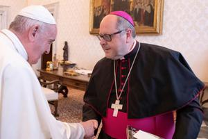 Pope Francis greets Bishop Edward Malesic at the Vatican. Pope Francis greets Bishop Edward Malesic at the Vatican.