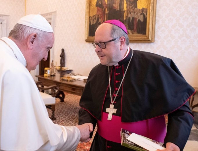 Pope Francis greets Bishop Edward Malesic at the Vatican. Pope Francis greets Bishop Edward Malesic at the Vatican.