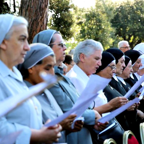 Religious sisters attend the enthronement of Our Lady of Charity in the Vatican Gardens. Religious sisters attend the enthronement of Our Lady of Charity in the Vatican Gardens.