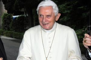 Pope Emeritus Benedict XVI meets with seminarians from the Diocese of Faensa-Modigliana, Italy, in the Vatican Gardens. Pope Emeritus Benedict XVI meets with seminarians from the Diocese of Faensa-Modigliana, Italy, in the Vatican Gardens.