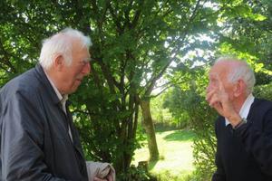Jean Vanier (l) chats with his dear friend Paul Peeters, who is telling Vanier they will meet in heaven, Aug. 15, 2013. Jean Vanier (l) chats with his dear friend Paul Peeters, who is telling Vanier they will meet in heaven, Aug. 15, 2013.