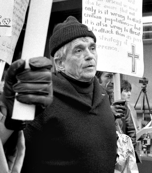 This 1982 photo shows Jesuit Father Daniel Berrigan marching with about 40 others outside of the Riverside Research Center in New York. Father Berrigan, 94, died on April 30 at a Jesuit infirmary at Fordham University. This 1982 photo shows Jesuit Father Daniel Berrigan marching with about 40 others outside of the Riverside Research Center in New York. Father Berrigan, 94, died on April 30 at a Jesuit infirmary at Fordham University.
