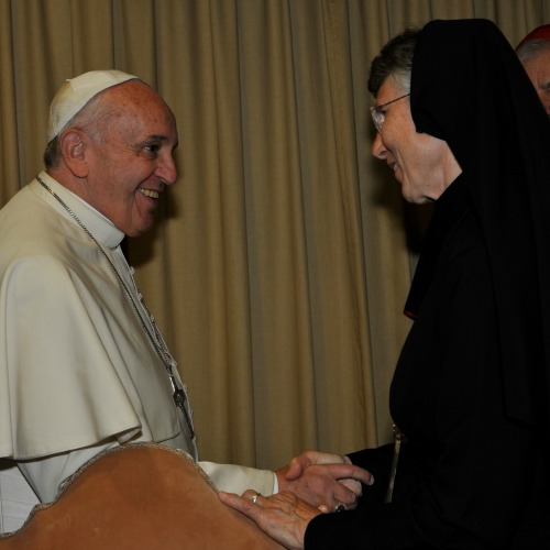 Pope Francis greets Religious Sister of Mercy Sister Mary Prudence Allen at the Humanum colloquium in the Vatican's Synod Hall on Nov. 17. Pope Francis greets Religious Sister of Mercy Sister Mary Prudence Allen at the Humanum colloquium in the Vatican's Synod Hall on Nov. 17.