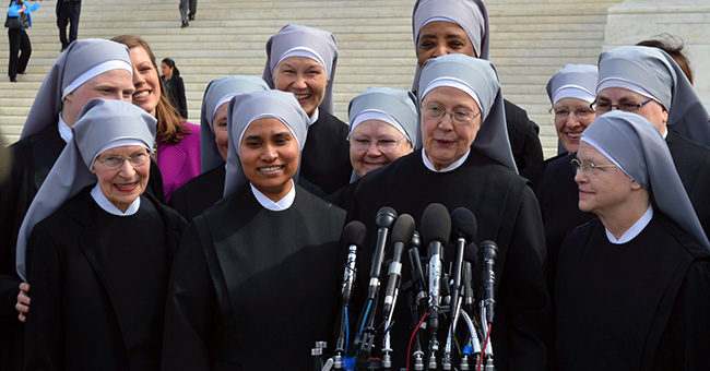 The Little Sisters of the Poor outside the Supreme Court where oral arguments were heard on March 23, 2016 in the Zubik v. Burwell case against the HHS Mandate. The Little Sisters of the Poor outside the Supreme Court where oral arguments were heard on March 23, 2016 in the Zubik v. Burwell case against the HHS Mandate.