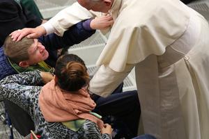 Pope Francis greets the sick while meeting with the Don Guanella charity organization (Guanellian Family) at the Paul VI audience hall on Nov. 12. Pope Francis greets the sick while meeting with the Don Guanella charity organization (Guanellian Family) at the Paul VI audience hall on Nov. 12.