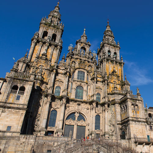 The historic shrine of St. James (Santiago de Compostela) in Galicia, northern Spain, is shown along with pilgrims walking 'The Way.' The historic shrine of St. James (Santiago de Compostela) in Galicia, northern Spain, is shown along with pilgrims walking 'The Way.'