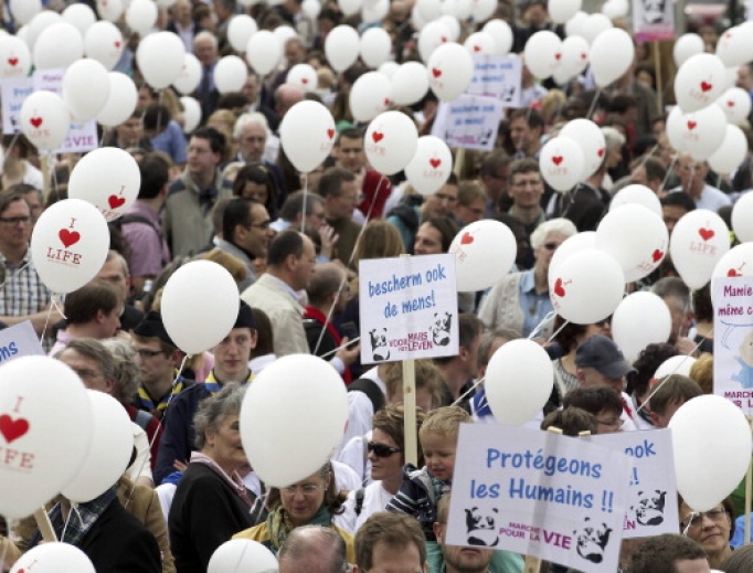People take part in the March4Life (Marche pour la Vie, Mars voor het Leven) demonstration, on March 30, 2014, in Brussels. March4Life is a group of students and young professionals who want to promote respect for human life and is strongly opposed to abortion and euthanasia. The spread of legalized euthanasia is at its most acute in the Benelux countries (Belgium, Netherlands and Luxembourg). People take part in the March4Life (Marche pour la Vie, Mars voor het Leven) demonstration, on March 30, 2014, in Brussels. March4Life is a group of students and young professionals who want to promote respect for human life and is strongly opposed to abortion and euthanasia. The spread of legalized euthanasia is at its most acute in the Benelux countries (Belgium, Netherlands and Luxembourg).