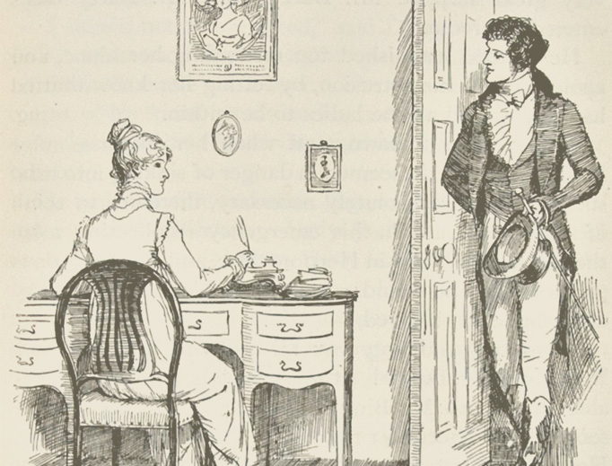 Hugh Thomson, “Darcy and Elizabeth from ‘Pride and Prejudice’ (Ch. 32)”, 1894 Hugh Thomson, “Darcy and Elizabeth from ‘Pride and Prejudice’ (Ch. 32)”, 1894