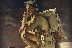 Play poster, focused on World War I soldier image Play poster, focused on World War I soldier image