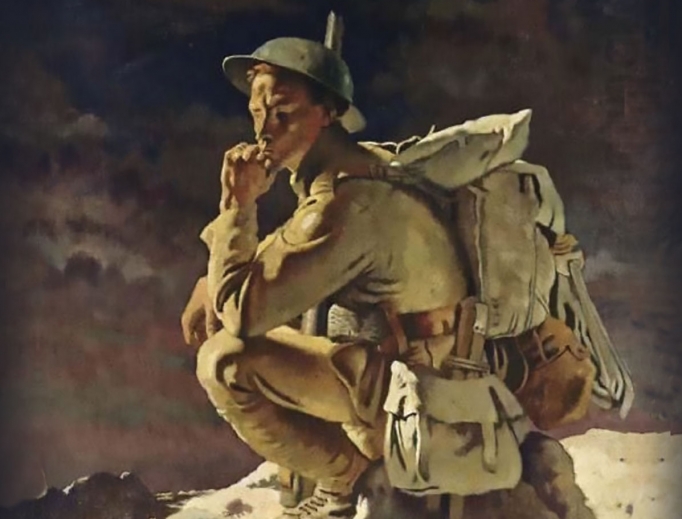 Play poster, focused on World War I soldier image Play poster, focused on World War I soldier image