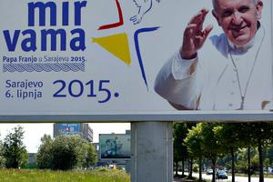 A billboard in Sarajevo with the image of Pope Francis proclaims, 'Peace to you!' ahead of his June 6 visit. Below is the altar of the Franciscan chapel and the exterior of the King Fahd mosque in Sarajevo. A billboard in Sarajevo with the image of Pope Francis proclaims, 'Peace to you!' ahead of his June 6 visit. Below is the altar of the Franciscan chapel and the exterior of the King Fahd mosque in Sarajevo.