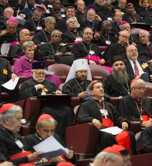 Cardinals and bishops listen inside the Vatican's Synod Hall during an Oct. 12 meeting of the 2015 synod on the family. Cardinals and bishops listen inside the Vatican's Synod Hall during an Oct. 12 meeting of the 2015 synod on the family.