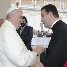 Bishop-elect Steven Lopes greets Pope Francis at a general audience in Rome. Bishop-elect Steven Lopes greets Pope Francis at a general audience in Rome.