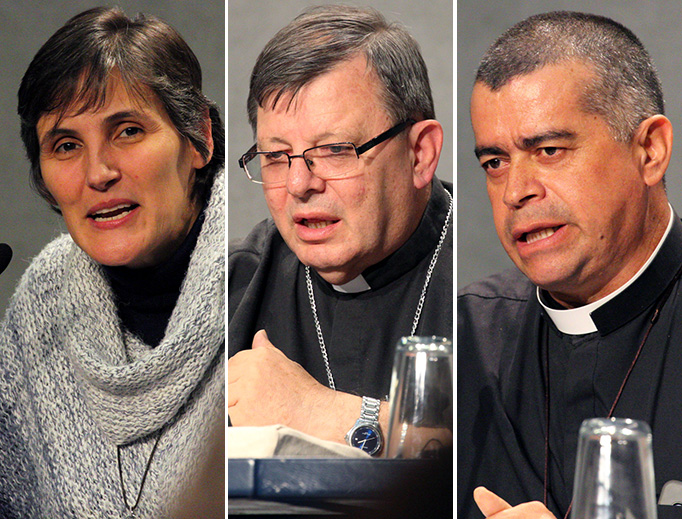 Colombian Sister Gloria Liliana Franco Echeverri (L), Brazilian Bishop Wilmar Santin and Colombian Bishop Medardo de Jesús Henao Del Río (R) speak at the media conference following the Oct. 10 session of the Pan-Amazon Synod Assembly. Colombian Sister Gloria Liliana Franco Echeverri (L), Brazilian Bishop Wilmar Santin and Colombian Bishop Medardo de Jesús Henao Del Río (R) speak at the media conference following the Oct. 10 session of the Pan-Amazon Synod Assembly.