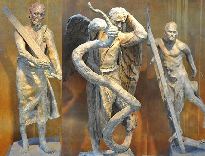 Above, life-size bronze sculptures made for the chapel represent (left to right): St. Joseph; the archangel St. Michael, the patron saint of police officers; and the martyr St. Florian, the patron saint of firefighters. Below, Our Lady of Guadalupe image and sanctuary cross from the chapel. Above, life-size bronze sculptures made for the chapel represent (left to right): St. Joseph; the archangel St. Michael, the patron saint of police officers; and the martyr St. Florian, the patron saint of firefighters. Below, Our Lady of Guadalupe image and sanctuary cross from the chapel.