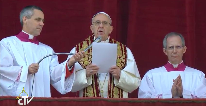 Pope Francis delivering his Christmas Message from the loggia of St. Peter's basilica, Dec. 25, 2016. Pope Francis delivering his Christmas Message from the loggia of St. Peter's basilica, Dec. 25, 2016.