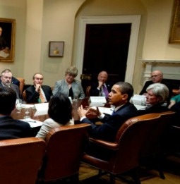 President Barack Obama and HHS Secretary Kathleen Sebelius meet with health-care stakeholders at the White House on May 11, 2009. President Barack Obama and HHS Secretary Kathleen Sebelius meet with health-care stakeholders at the White House on May 11, 2009.
