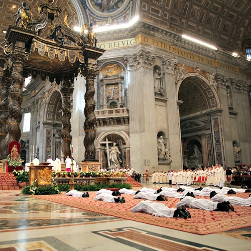 Nineteen men lie prostrate for their ordination as priests for the Diocese of Rome on April 26. Nineteen men lie prostrate for their ordination as priests for the Diocese of Rome on April 26.
