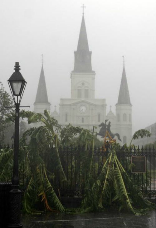 Trees are seen blown over in front of St. Louis Cathedral in New Orleans during Huricane Katrina on Aug. 29, 2005. Trees are seen blown over in front of St. Louis Cathedral in New Orleans during Huricane Katrina on Aug. 29, 2005.
