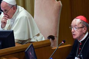 Pope Francis listens as Cardinal Claudio Hummes addresses the Special Assembly of the Synod of Bishops for the Pan-Amazon Region, Oct. 7, 2019, at the Vatican.
Pope Francis listens as Cardinal Claudio Hummes addresses the Special Assembly of the Synod of Bishops for the Pan-Amazon Region, Oct. 7, 2019, at the Vatican.