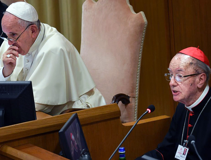 Pope Francis listens as Cardinal Claudio Hummes addresses the Special Assembly of the Synod of Bishops for the Pan-Amazon Region, Oct. 7, 2019, at the Vatican.
Pope Francis listens as Cardinal Claudio Hummes addresses the Special Assembly of the Synod of Bishops for the Pan-Amazon Region, Oct. 7, 2019, at the Vatican.
