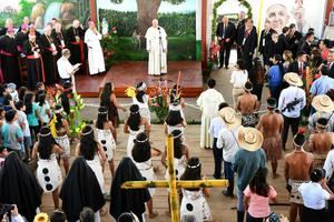 Pope Francis meets with indigenous Peruvians at 'Hogar Principito' Children's home, in Puerto Maldonado, Jan. 19. Pope Francis meets with indigenous Peruvians at 'Hogar Principito' Children's home, in Puerto Maldonado, Jan. 19.