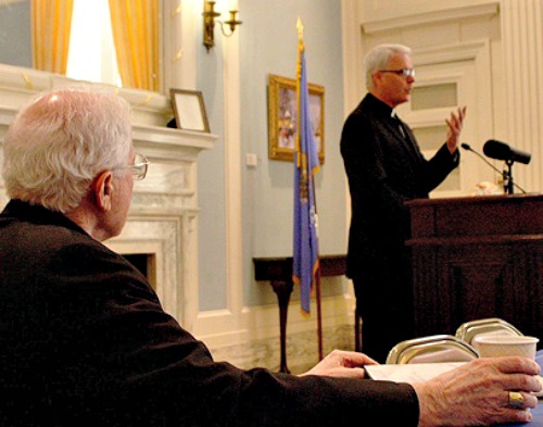 With Tulsa Bishop Edward Slattery looking on, Archbishop Paul Coakley of Oklahoma City speaks at the state's Catholic Advocacy Day, March 25. With Tulsa Bishop Edward Slattery looking on, Archbishop Paul Coakley of Oklahoma City speaks at the state's Catholic Advocacy Day, March 25.