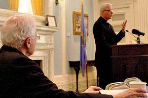 With Tulsa Bishop Edward Slattery looking on, Archbishop Paul Coakley of Oklahoma City speaks at the state's Catholic Advocacy Day, March 25. With Tulsa Bishop Edward Slattery looking on, Archbishop Paul Coakley of Oklahoma City speaks at the state's Catholic Advocacy Day, March 25.