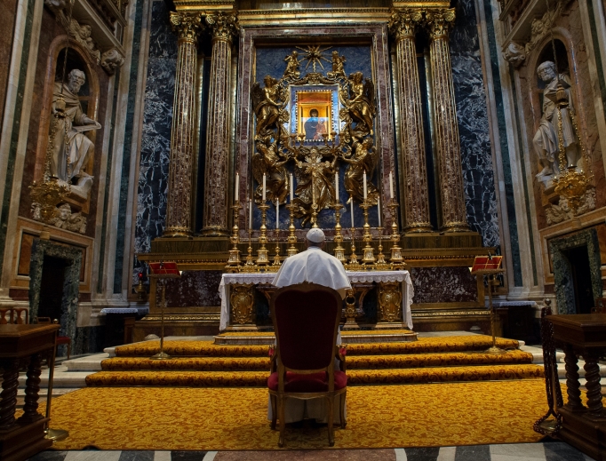 Pope Francis venerates the icon of Salus Populi Romani at the Basilica of St. Mary Major March 15. Pope Francis venerates the icon of Salus Populi Romani at the Basilica of St. Mary Major March 15.