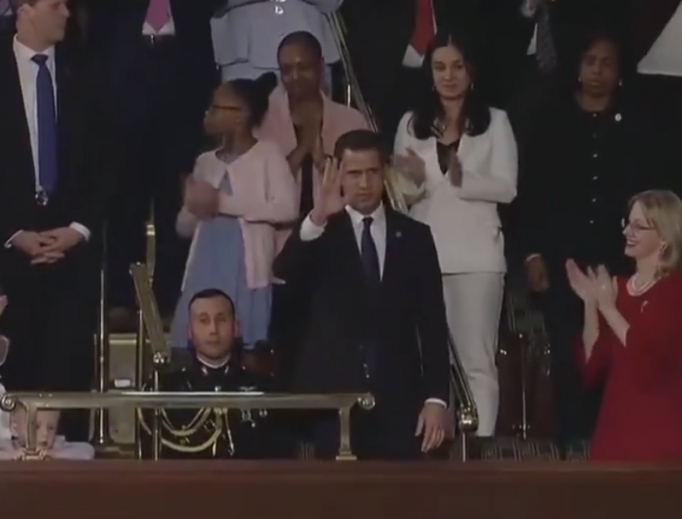 Venezuelan opposition leader Juan Guaido, centered, waves as he is acknowledged by President Trump during his State of the Union address Washington, DC, Feb. 4, 2020. Venezuelan opposition leader Juan Guaido, centered, waves as he is acknowledged by President Trump during his State of the Union address Washington, DC, Feb. 4, 2020.