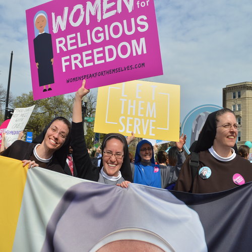 Religious sisters show their support of the Little Sisters of the Poor outside the Supreme Court, where oral arguments were heard on March 23 in the Zubik v. Burwell case against the HHS mandate.
Religious sisters show their support of the Little Sisters of the Poor outside the Supreme Court, where oral arguments were heard on March 23 in the Zubik v. Burwell case against the HHS mandate.