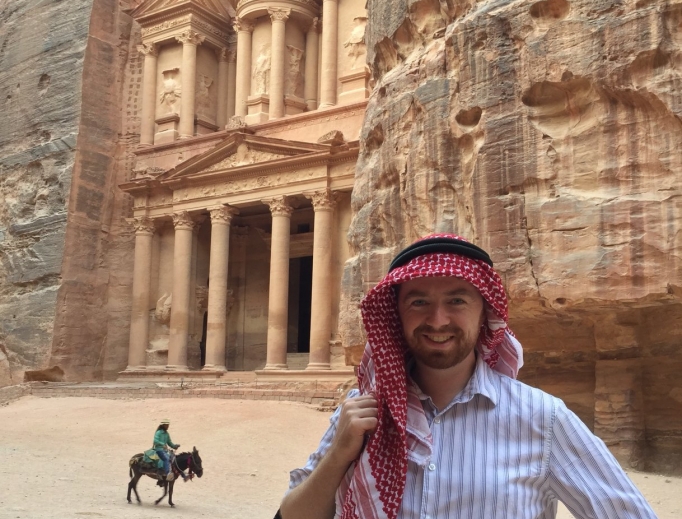 Above, Peter Jesserer Smith in front of the Treasury of Petra. Below, the Dead Sea at sunset, the baptismal site of Jesus, the Christian proprietors of Beit Sitti, with one of their Muslim cooks, and Machereus. Above, Peter Jesserer Smith in front of the Treasury of Petra. Below, the Dead Sea at sunset, the baptismal site of Jesus, the Christian proprietors of Beit Sitti, with one of their Muslim cooks, and Machereus.