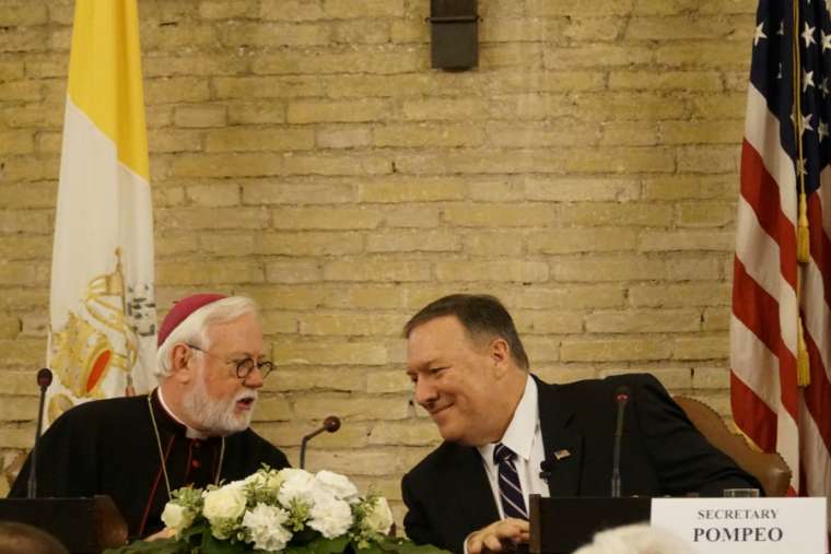 U.S. Secretary of State Mike Pompeo (r) and Vatican Secretary Archbishop Paul Gallagher speak at the Vatican symposium Oct. 2. U.S. Secretary of State Mike Pompeo (r) and Vatican Secretary Archbishop Paul Gallagher speak at the Vatican symposium Oct. 2.