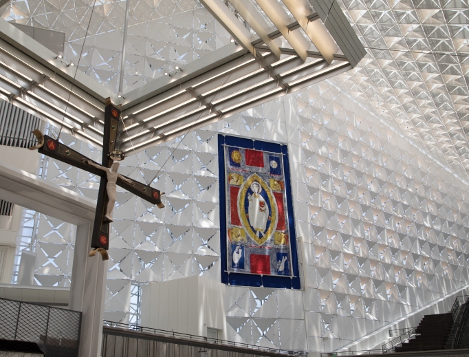 Catholic elements are the hallmark of the renovation, from the large crucifix to window shades and baptismal font. Catholic elements are the hallmark of the renovation, from the large crucifix to window shades and baptismal font.