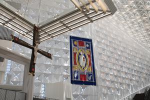 Catholic elements are the hallmark of the renovation, from the large crucifix to window shades and baptismal font. Catholic elements are the hallmark of the renovation, from the large crucifix to window shades and baptismal font.