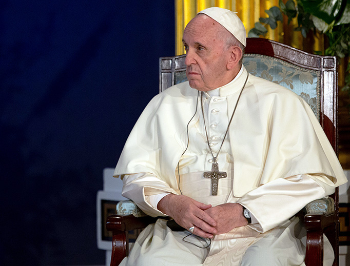 Pope Francis at St. Patrick’s Hall in Dublin Castle, Aug. 25, 2018. Pope Francis at St. Patrick’s Hall in Dublin Castle, Aug. 25, 2018.