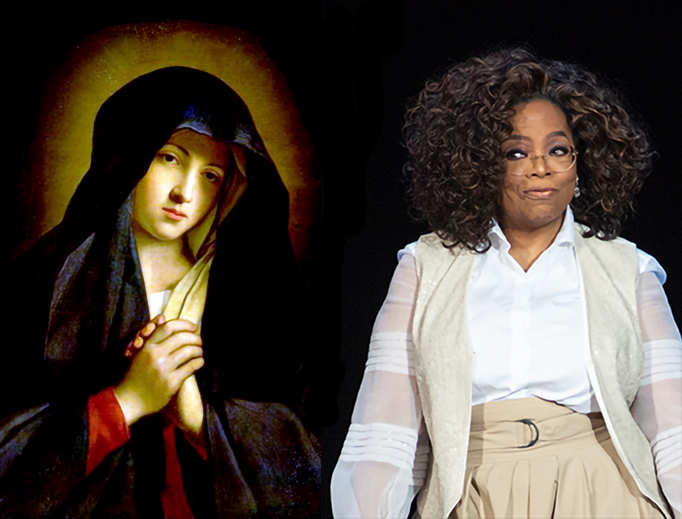 LEFT: Giovanni Battista Salvi da Sassoferrato, “The Madonna in Sorrow.” RIGHT: Oprah Winfrey speaks Saturday to a crowd of 15,000 in Denver (Photo by Tom Cooper/Getty Images). LEFT: Giovanni Battista Salvi da Sassoferrato, “The Madonna in Sorrow.” RIGHT: Oprah Winfrey speaks Saturday to a crowd of 15,000 in Denver (Photo by Tom Cooper/Getty Images).