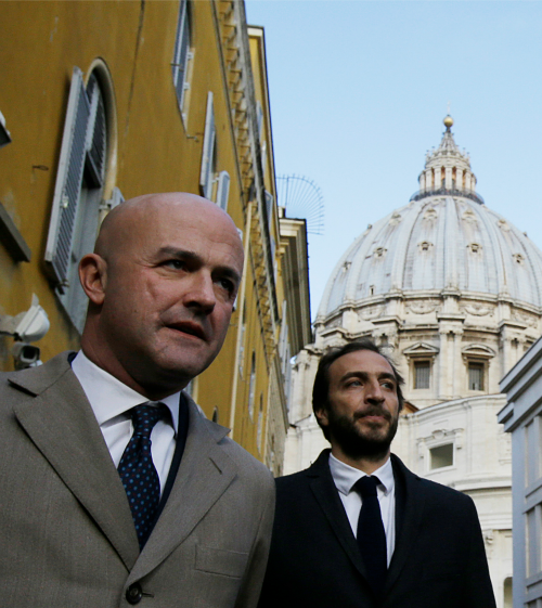 Italian journalists Gianluigi Nuzzi (l) and Emiliano Fittipaldi leave Vatican City on Nov. 24, after their appearance in a Vatican courtroom. Italian journalists Gianluigi Nuzzi (l) and Emiliano Fittipaldi leave Vatican City on Nov. 24, after their appearance in a Vatican courtroom.