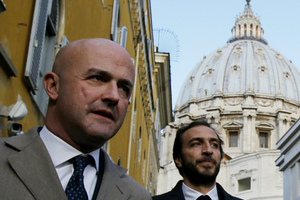 Italian journalists Gianluigi Nuzzi (l) and Emiliano Fittipaldi leave Vatican City on Nov. 24, after their appearance in a Vatican courtroom. Italian journalists Gianluigi Nuzzi (l) and Emiliano Fittipaldi leave Vatican City on Nov. 24, after their appearance in a Vatican courtroom.