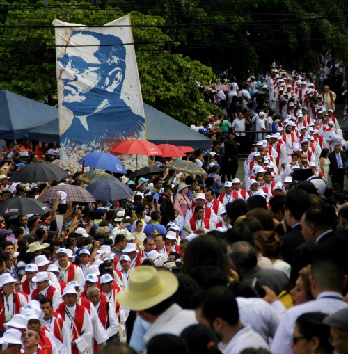 A procession in San Salvador for the beatification Mass of Oscar Romero. A procession in San Salvador for the beatification Mass of Oscar Romero.