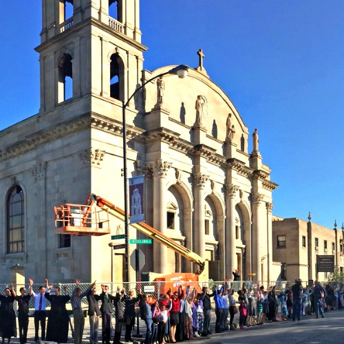 A rally to save the shrine was held in October; below, rescued image of Christ the King that survived the fire. A rally to save the shrine was held in October; below, rescued image of Christ the King that survived the fire.