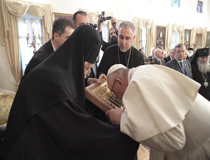 Pope Francis meets with Georgia Patriarch Beatitude Ilia II in Tbilisi, Georgia, Sept. 30, during his papal visit to the country. Pope Francis meets with Georgia Patriarch Beatitude Ilia II in Tbilisi, Georgia, Sept. 30, during his papal visit to the country.