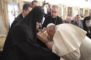 Pope Francis meets with Georgia Patriarch Beatitude Ilia II in Tbilisi, Georgia, Sept. 30, during his papal visit to the country. Pope Francis meets with Georgia Patriarch Beatitude Ilia II in Tbilisi, Georgia, Sept. 30, during his papal visit to the country.