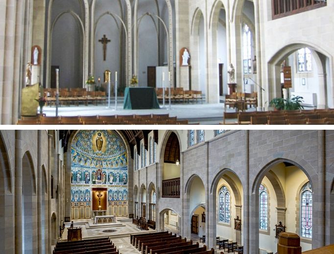 St. Turibius Chapel is seen at the Pontifical College Josephinum in Ohio: Top-to-bottom images show what it looked like before and after the restoration. St. Turibius Chapel is seen at the Pontifical College Josephinum in Ohio: Top-to-bottom images show what it looked like before and after the restoration.