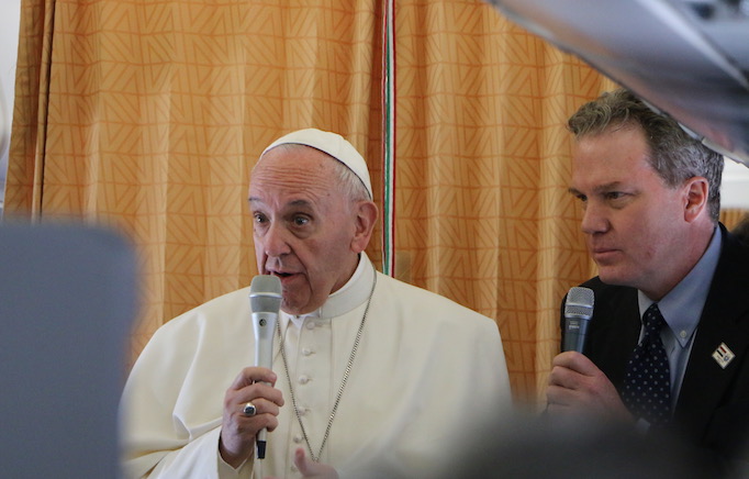 Pope Francis speaking to reporters on the papal plane to Cairo, April 28, 2017. Pope Francis speaking to reporters on the papal plane to Cairo, April 28, 2017.